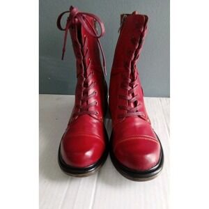 Red Leather Ankle Boots Lace Up Buckle Accent Combat Style